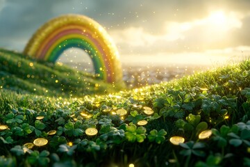 Naklejka premium Vibrant rainbow arches over a lush green landscape filled with sparkling gold coins and clovers