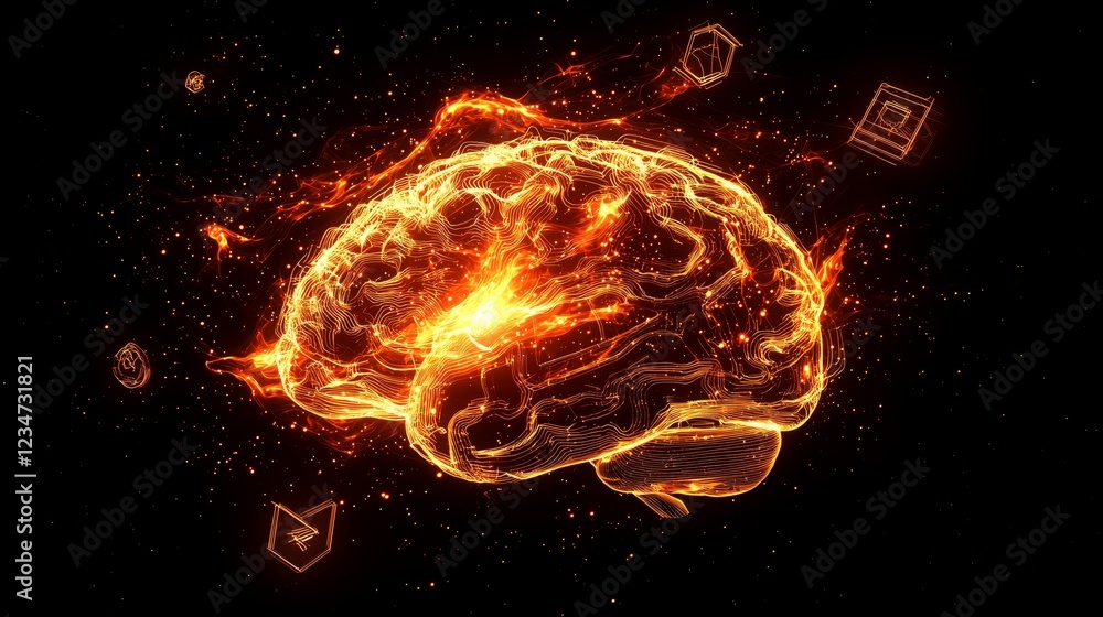 Poster fiery brain with illuminating elements representing creativity and ideas