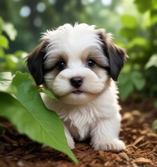 Adorable Havanese puppy peeking out from behind a leaf, peeky, playful, cute