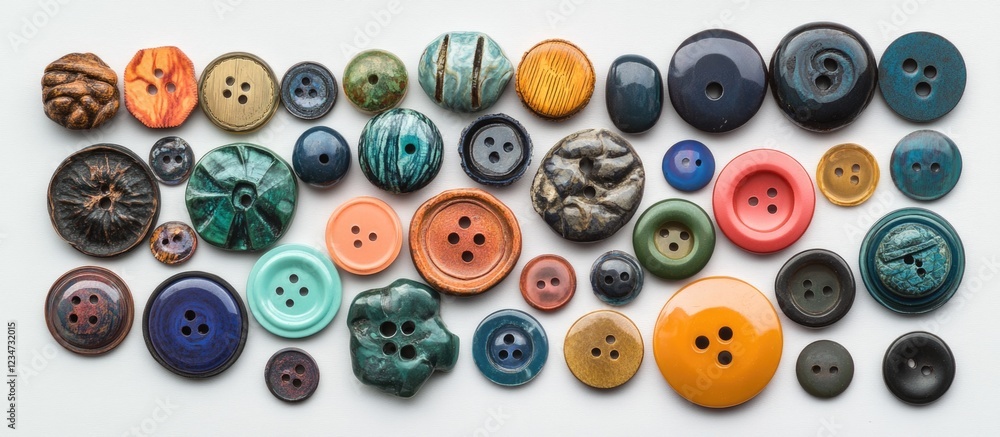Poster assorted decorative buttons in various shapes and colors arranged on a light background with copy sp