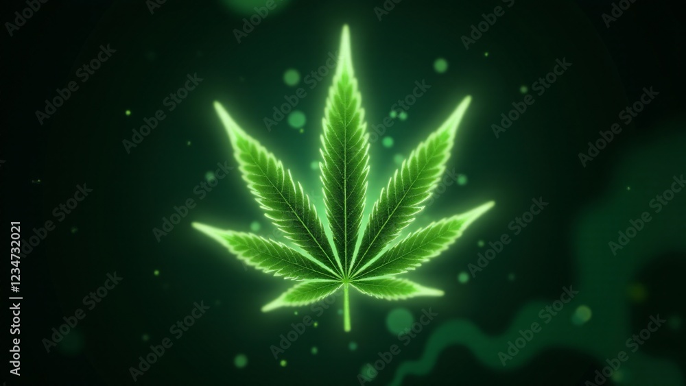 Poster a marijuana leaf surrounded by floating glowing particles, like in sci-fi games. the particles shift