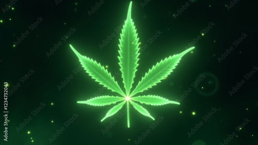 Poster a marijuana leaf surrounded by floating glowing particles, like in sci-fi games. the particles shift