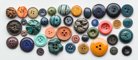 Assorted decorative buttons in various shapes and colors arranged on a light background with Copy Space for text placement