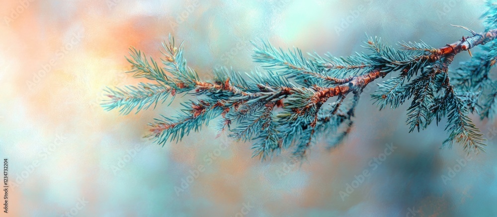 Poster close-up of a pine branch with soft focus background featuring pastel colors and gentle bokeh effect