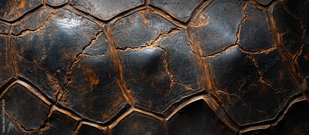 Poster close-up view of textured turtle shell with intricate patterns and cracks, dark coloration, and natu