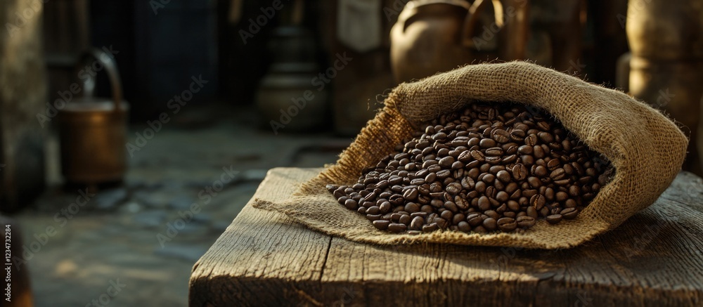 Poster coffee beans in burlap sack on wooden table with rustic background copy space