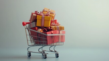 A shopping cart full of gifts against a soft background, symbolizing the joy and surprise that comes with holiday-themed motion design