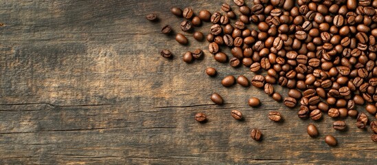 Coffee beans scattered on rustic wooden surface with ample copy space for text placement.