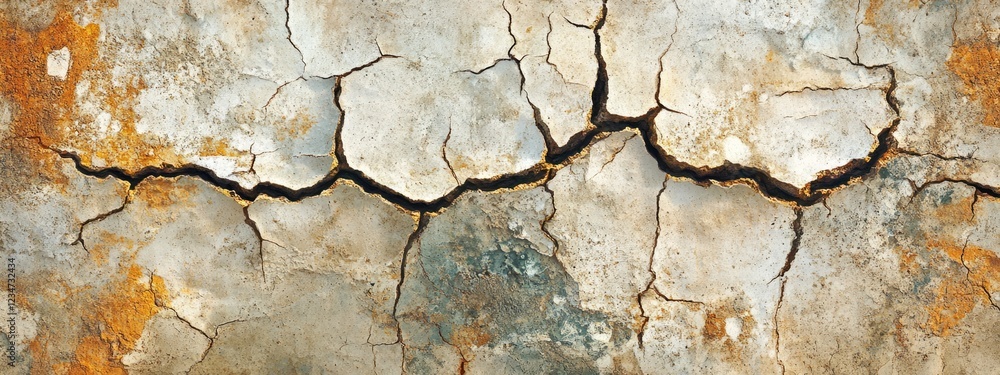 Aufkleber cracked and weathered surface with rusty and faded textures in horizontal orientation copy space