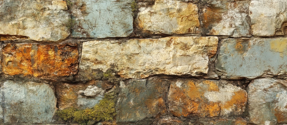 Aufkleber weathered stone wall texture with patches of moss and rust, ideal for backgrounds and architectural 