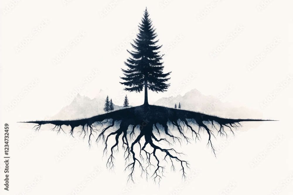 Poster a minimalist illustration of a tall tree with deep roots, symbolizing substantial growth, rendered i
