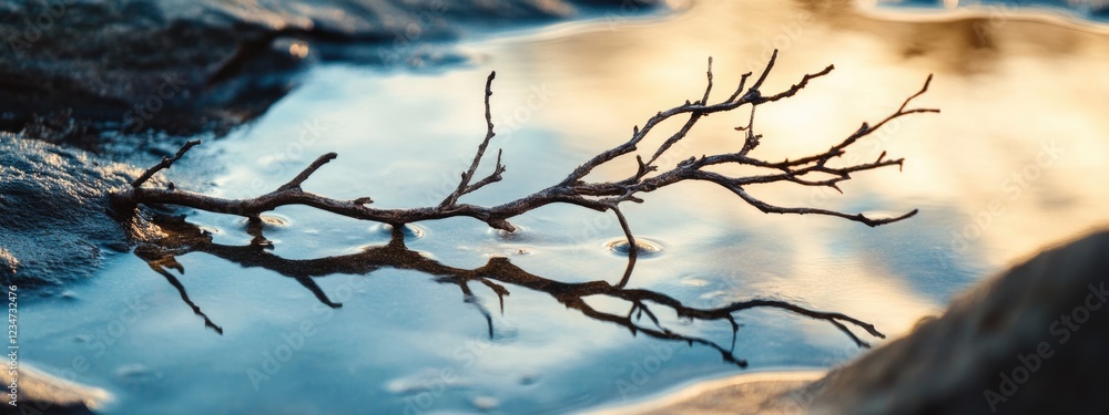Poster dry branch reflected in calm water with rocks and soft colors in the background copy space
