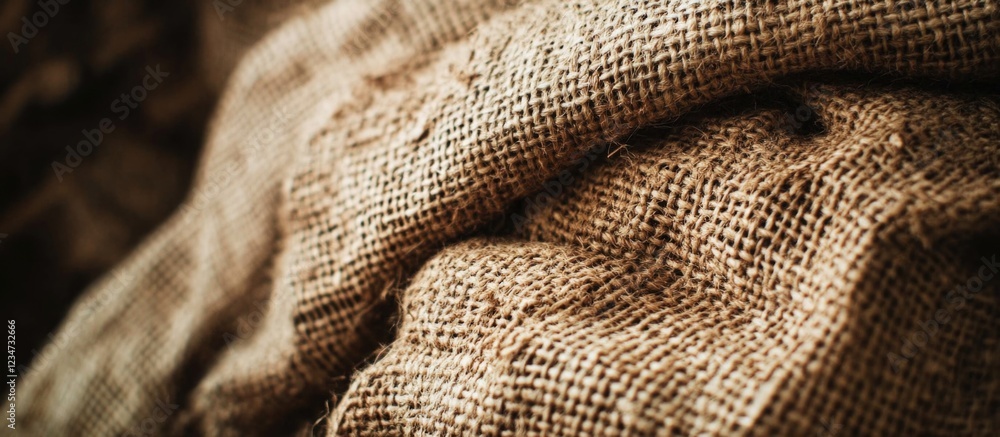 Poster textured burlap fabric close-up with natural earthy tones and soft folds providing copy space for de