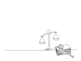 Continuous one line drawing of judicial scales with hammer. justice hammer and scales for law concept in single line draw. Editable stroke.