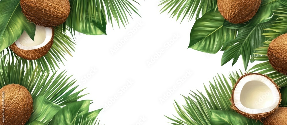 Poster tropical coconut frame with green palm leaves and empty copy space for text or design applications