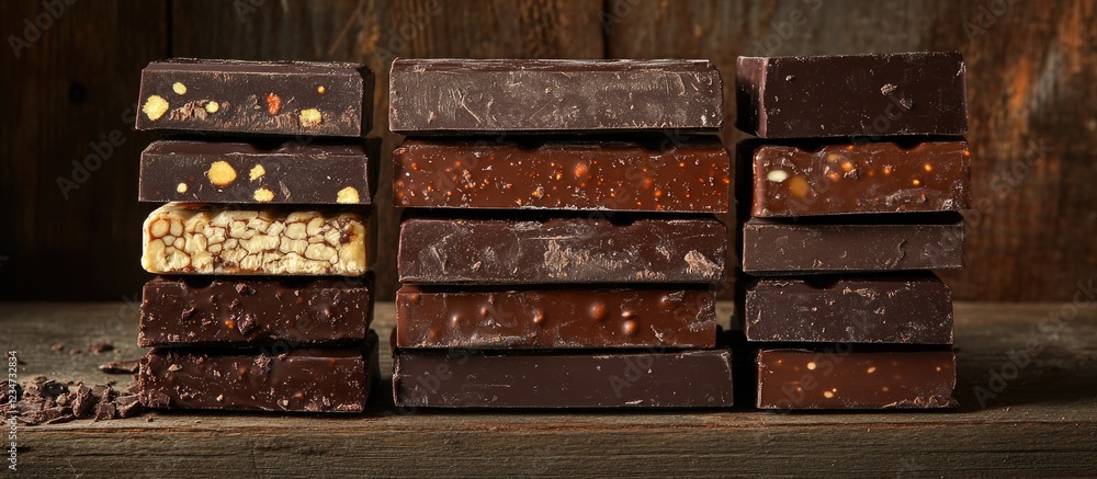 Poster chocolate bars arranged on a rustic wooden surface with copy space for text