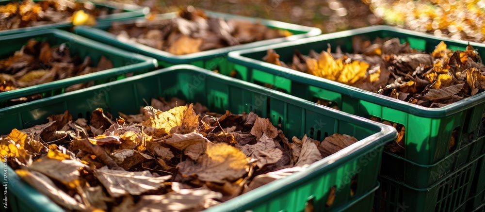 Poster baskets filled with autumn leaves in sunlight with blurred background and copy space for text placem
