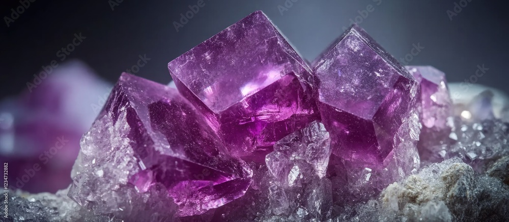 Poster purple fluorite crystals on a textured rock surface with soft focus background and copy space for te