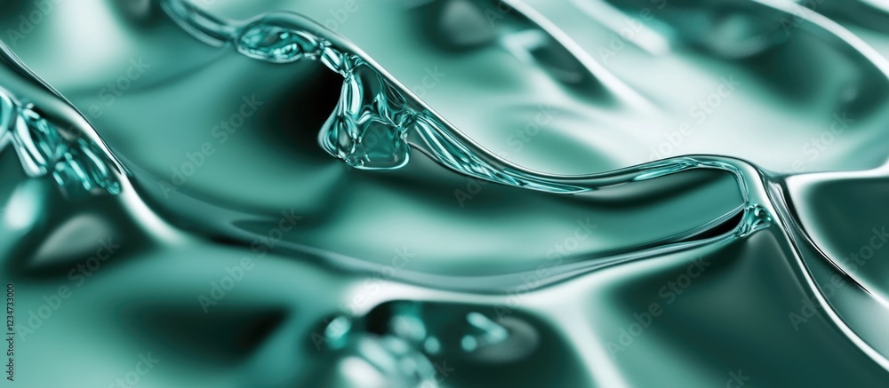 Poster abstract close-up of smooth liquid surface with waves and bubbles in turquoise color copy space