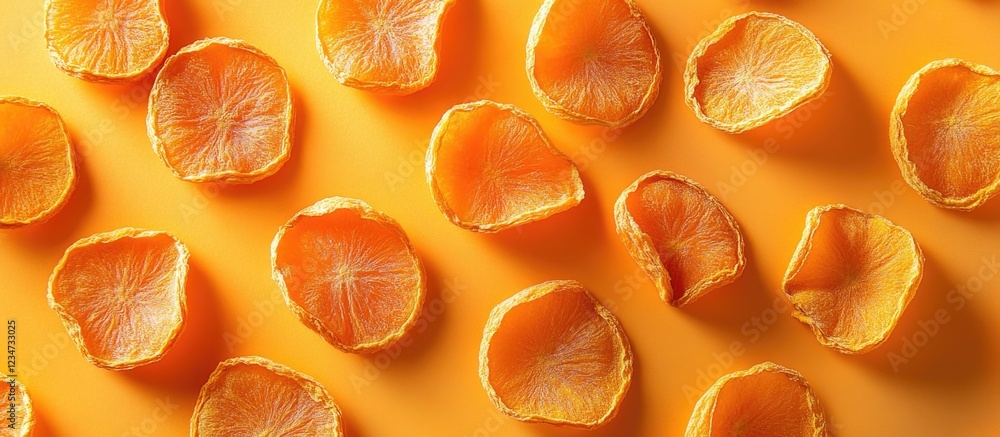 Poster sliced orange segments arranged on a vibrant orange background with soft shadows and copy space for 