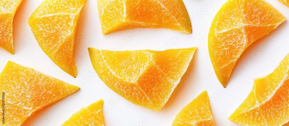 Poster slices of orange fruit arranged on a white background with copy space for text insertion