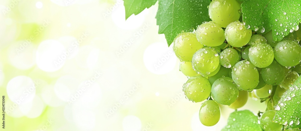 Poster fresh green grapes on vine with water droplets and soft blurred background with copy space for text