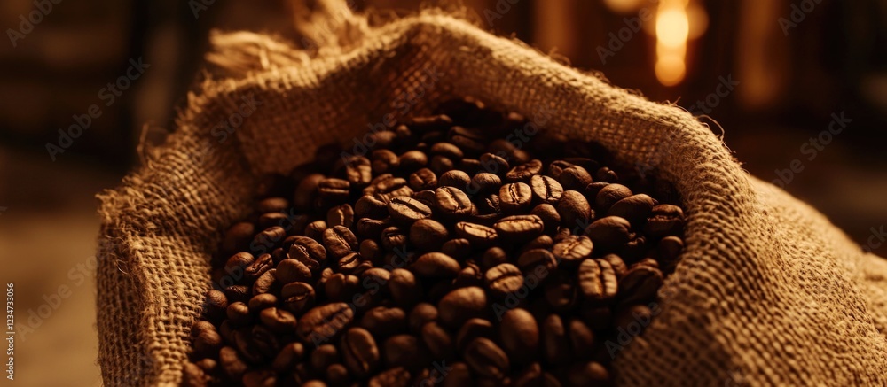 Poster coffee beans in burlap sack with warm background and copy space for text placement