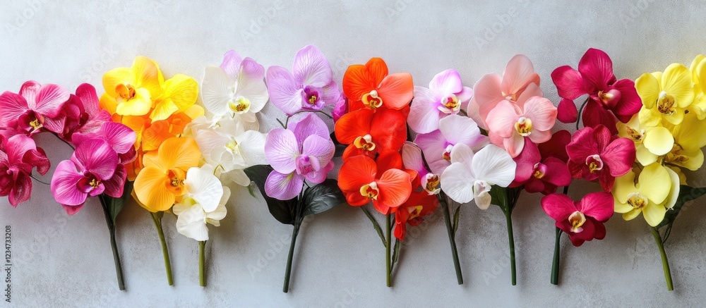 Poster colorful orchid flowers arranged in a row on a textured surface with copy space for text.