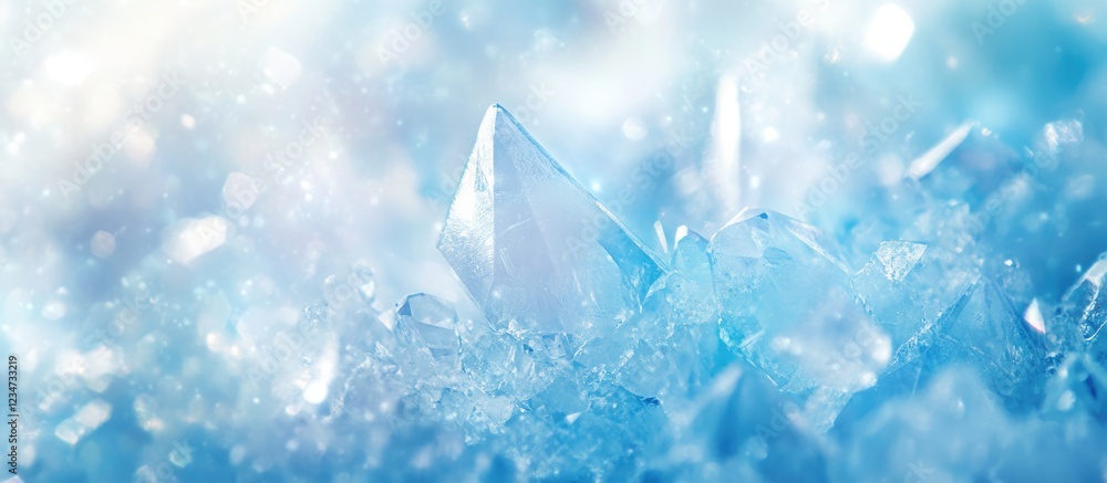 Poster blue crystal formations with soft focus background and sparkles, suitable for abstract designs and t