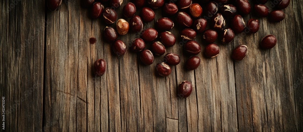 Poster coffee beans scattered on rustic wooden background with copy space for text.