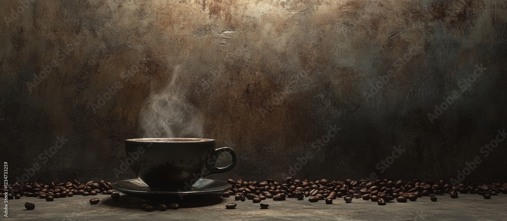 Poster steaming coffee cup on a saucer surrounded by scattered coffee beans with textured background and co