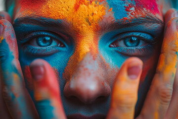 A close-up portrait of a person with vibrant, colorful face paint in shades of blue, orange, and red. The person is holding their face with their hands, showcasing expressive eyes and artistic makeup.