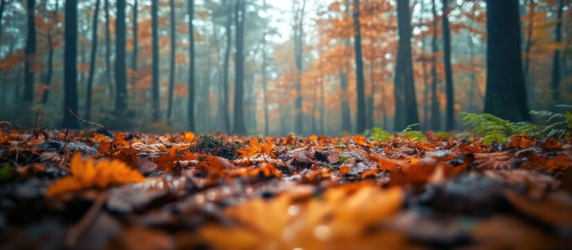 Autumn forest with fallen leaves on the ground and misty atmosphere in the background with Copy Space for text placement