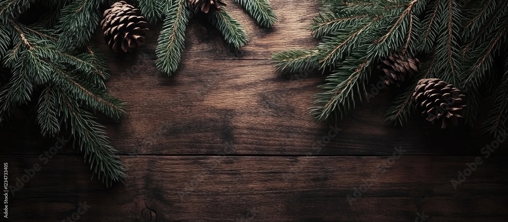 Poster pine branches and pine cones on wooden background with copy space for text placement