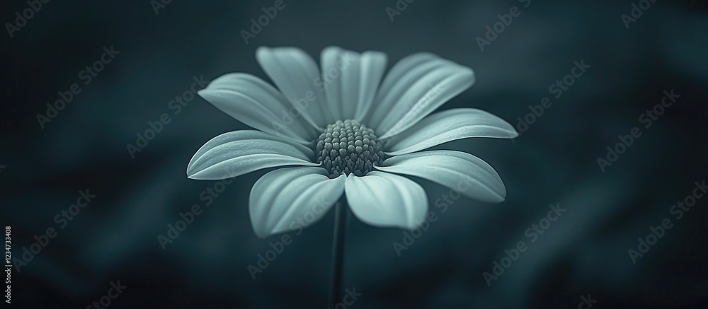 Poster close-up of a single white flower with soft petals and a blurred dark background, featuring ample co
