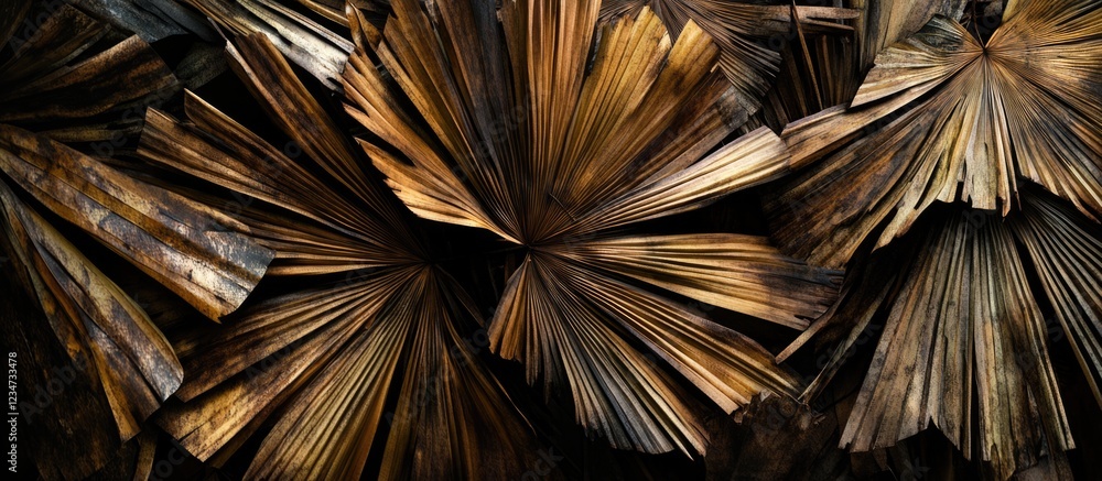 Poster abstract close-up of textured brown and gold palm leaves with layered patterns and shapes. copy spac