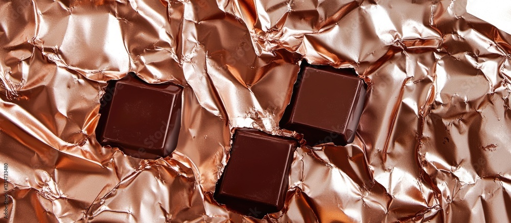 Poster chocolate squares on crumpled metallic foil background with copy space for text