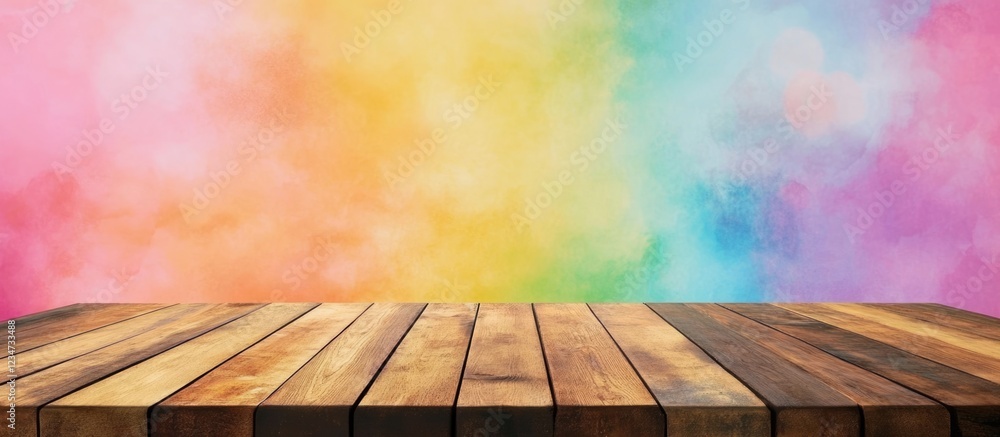 Poster wooden table with colorful pastel gradient background wall and ample copy space. suitable for produc