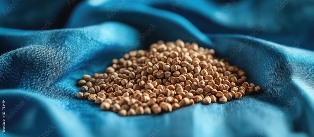 Poster coriander seeds on textured blue fabric background with depth of field and copy space for text place