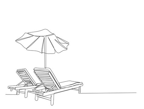 Continuous one line drawing of beach sunbed design. Beach umbrella and chair for holiday and vacation concept in single line draw. Editable stroke.