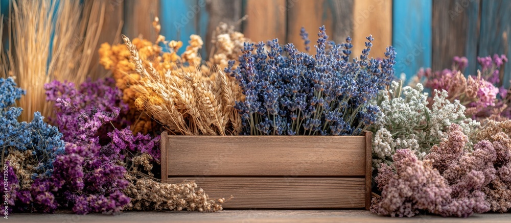 Poster colorful dried flowers arranged in a wooden box with a rustic background and ample copy space for te
