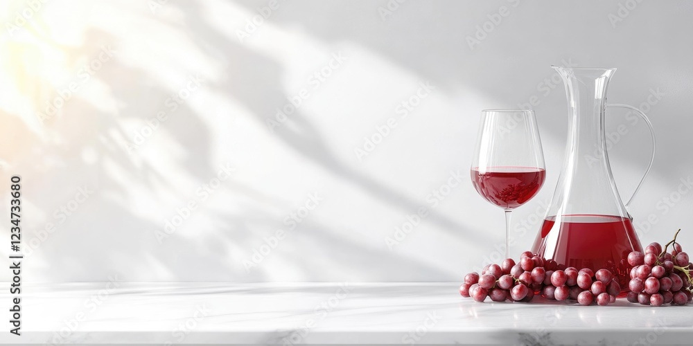 Poster red wine in a glass and a carafe with grapes on a marble table against a light gray background with 