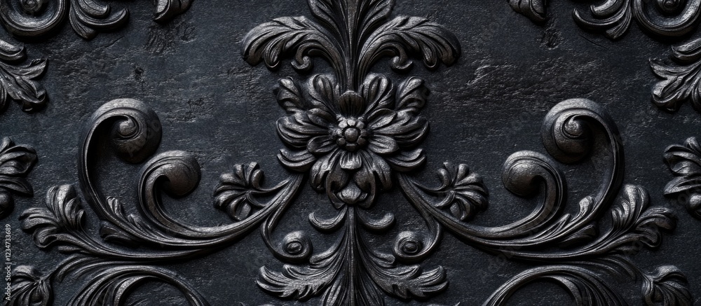 Poster black ornate floral pattern with textured detail on a dark background suitable for various design ap