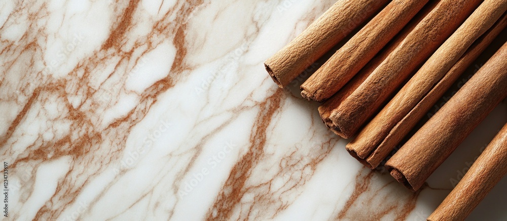 Poster cinnamon sticks arranged on a marble surface with brown veining and texture providing ample copy spa