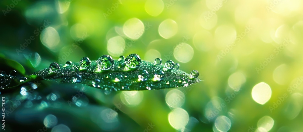 Poster fresh green leaf with water droplets illuminated by soft light and bokeh background copy space