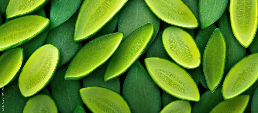 Aufkleber green cucumber slices on leafy background with copy space for text