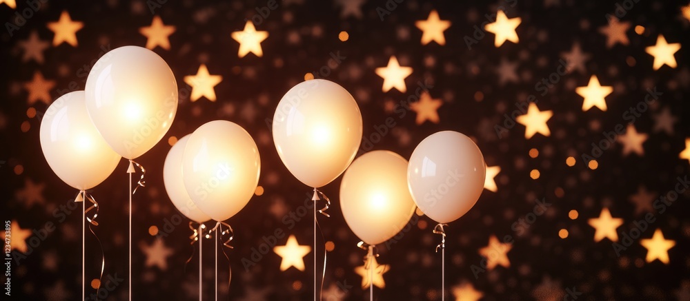 Poster white balloons illuminated against a dark background with star-shaped bokeh lights and copy space fo