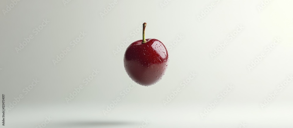 Poster floating red apple with a shiny surface against a minimalist light background featuring ample copy s