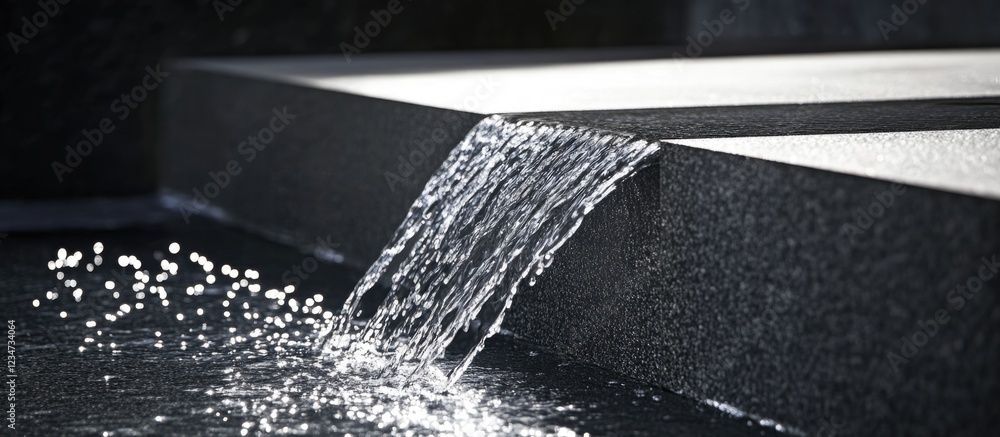 Poster modern water feature with flowing water over a black stone surface reflecting in a tranquil pool cop