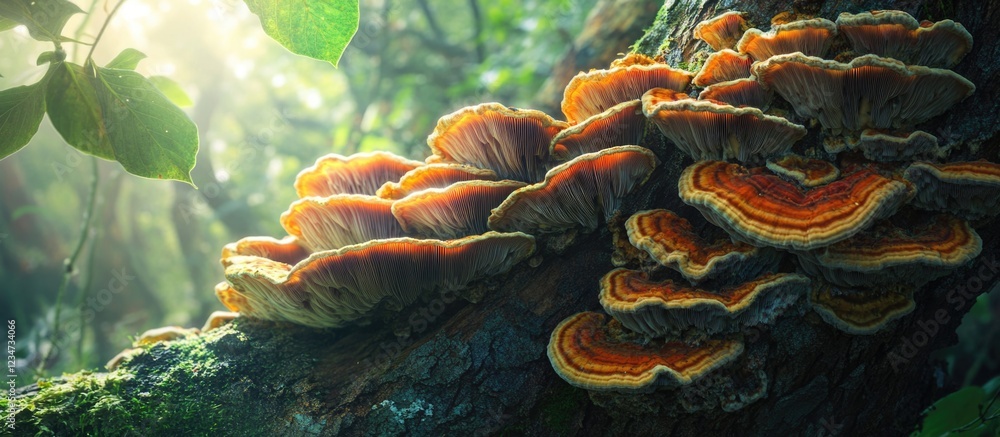 Poster colorful fungi growing on a tree trunk in a forest with soft sunlight filtering through the leaves c